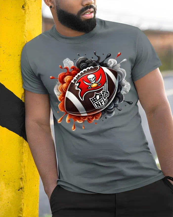 Flaming Skull Football Graphic T-Shirt Black - model in grey shirt leaning against column