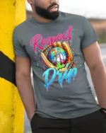 Respect the Drip Baseball Graphic T-Shirt Black - model in grey shirt leaning against column