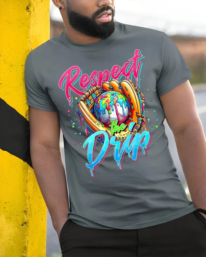 Respect the Drip Baseball Graphic T-Shirt Black - model in grey shirt leaning against column