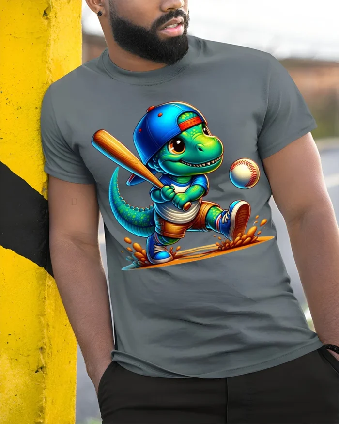 Cute Dinosaur Baseball Batter Graphic T-Shirt Black - model in grey shirt leaning against column