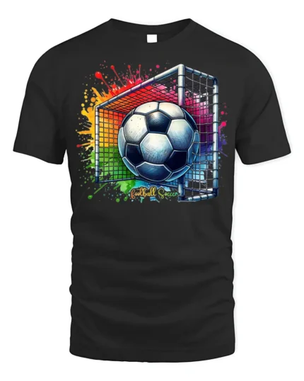Colorful Soccer Goal Graphic T-Shirt for Fans - black t-shirt on white background