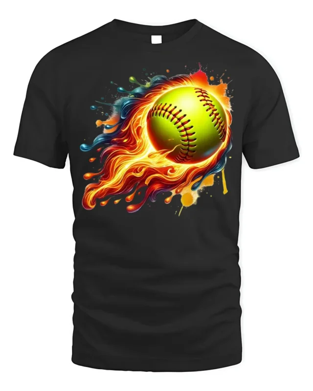 Flaming Softball Splash Art Sports Graphic T-Shirt - black t-shirt on white background
