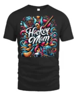 Colorful Hockey Mom Sports Graphic Print T-Shirt - black t-shirt on white background