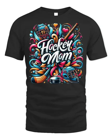 Colorful Hockey Mom Sports Graphic Print T-Shirt - black t-shirt on white background