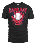Game Day Baseball Glove and Ball Graphic T-Shirt - black t-shirt on white background