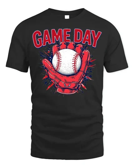 Game Day Baseball Glove and Ball Graphic T-Shirt - black t-shirt on white background
