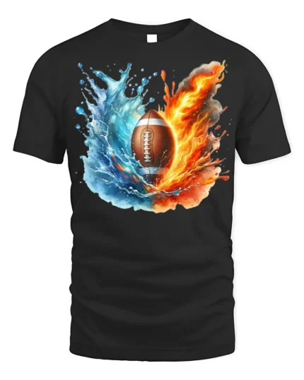 Fire and Water Football Splash Art Graphic T-Shirt - black t-shirt on white background