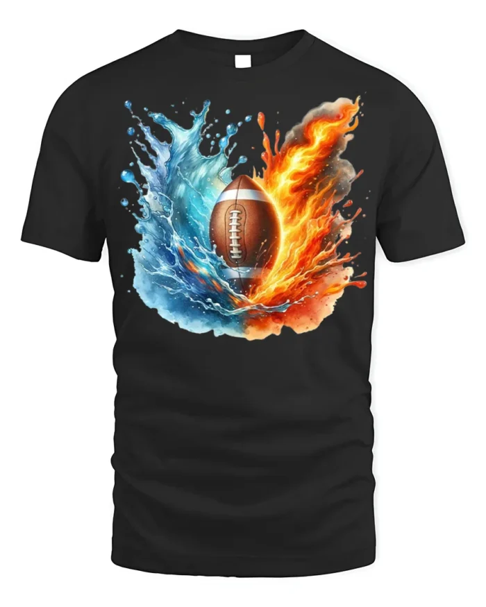 Fire and Water Football Splash Art Graphic T-Shirt - black t-shirt on white background