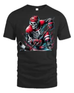 Skeleton Hockey Player Red Uniform Graphic T-Shirt - black t-shirt on white background