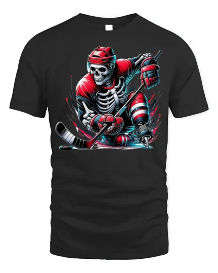 Skeleton Hockey Player Red Uniform Graphic T-Shirt - black t-shirt on white background