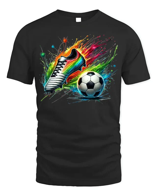 Colorful Soccer Shoe and Ball Splash Graphic T-Shirt - black t-shirt on white background