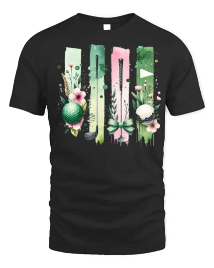 Floral Golf Ball and Club Art Graphic T-Shirt - black t-shirt on white background