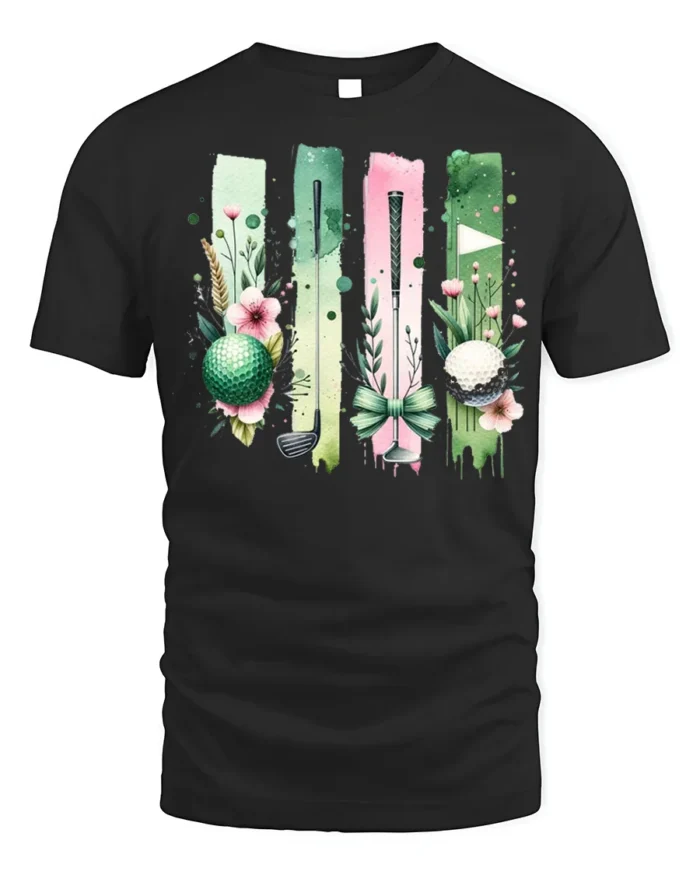 Floral Golf Ball and Club Art Graphic T-Shirt - black t-shirt on white background