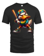 Cool Cartoon Duck Baseball Bat Graphic T-Shirt - black t-shirt on white background