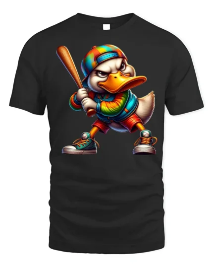 Cool Cartoon Duck Baseball Bat Graphic T-Shirt - black t-shirt on white background