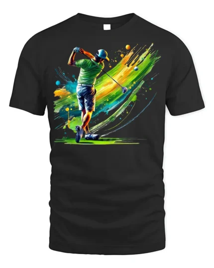 Colorful Golf Swing Splash Art Graphic T-Shirt - black t-shirt on white background