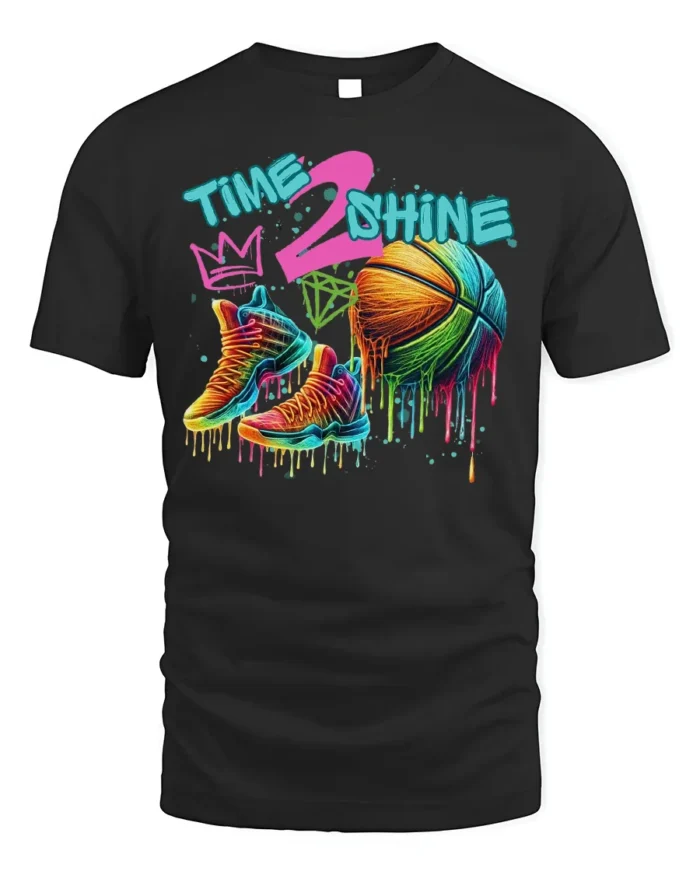 Colorful Basketball Shoes and Ball Graphic T-Shirt - black t-shirt on white background