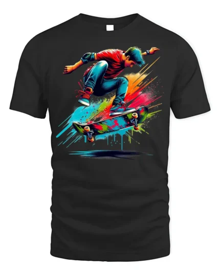 Colorful Skateboard Trick Splash Art Graphic T-Shirt - black t-shirt on white background