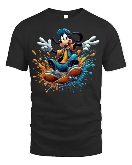 Cool Cartoon Dog Skateboard Splash Graphic T-Shirt - black t-shirt on white background