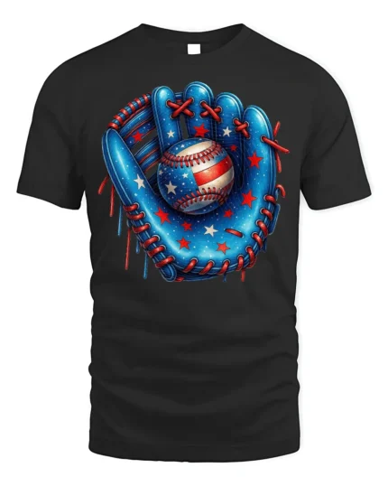 Patriotic Baseball Glove and Ball Graphic T-Shirt - black t-shirt on white background