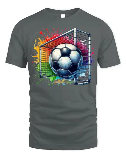 Colorful Soccer Goal Graphic T-Shirt for Fans - gray t-shirt on white background