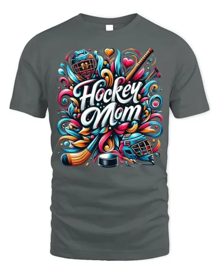 Colorful Hockey Mom Sports Graphic Print T-Shirt - gray t-shirt on white background