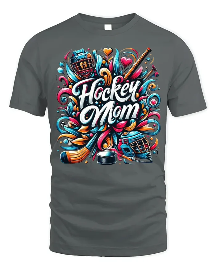Colorful Hockey Mom Sports Graphic Print T-Shirt - gray t-shirt on white background