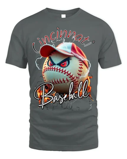 Cincinnati Baseball Angry Ball Graphic T-Shirt - gray t-shirt on white background