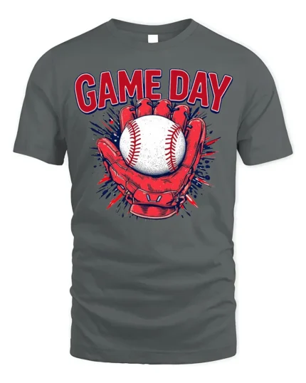 Game Day Baseball Glove and Ball Graphic T-Shirt - gray t-shirt on white background