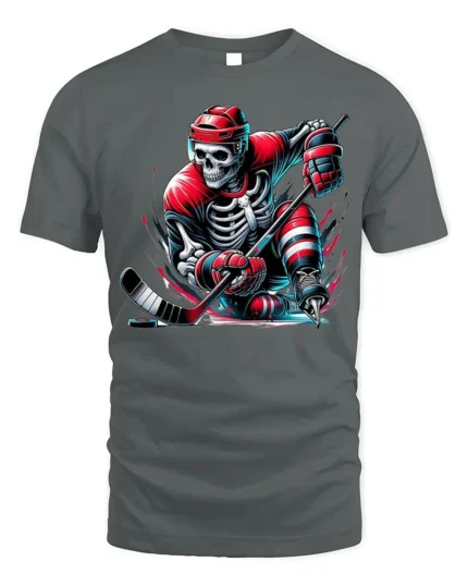 Skeleton Hockey Player Red Uniform Graphic T-Shirt - gray t-shirt on white background