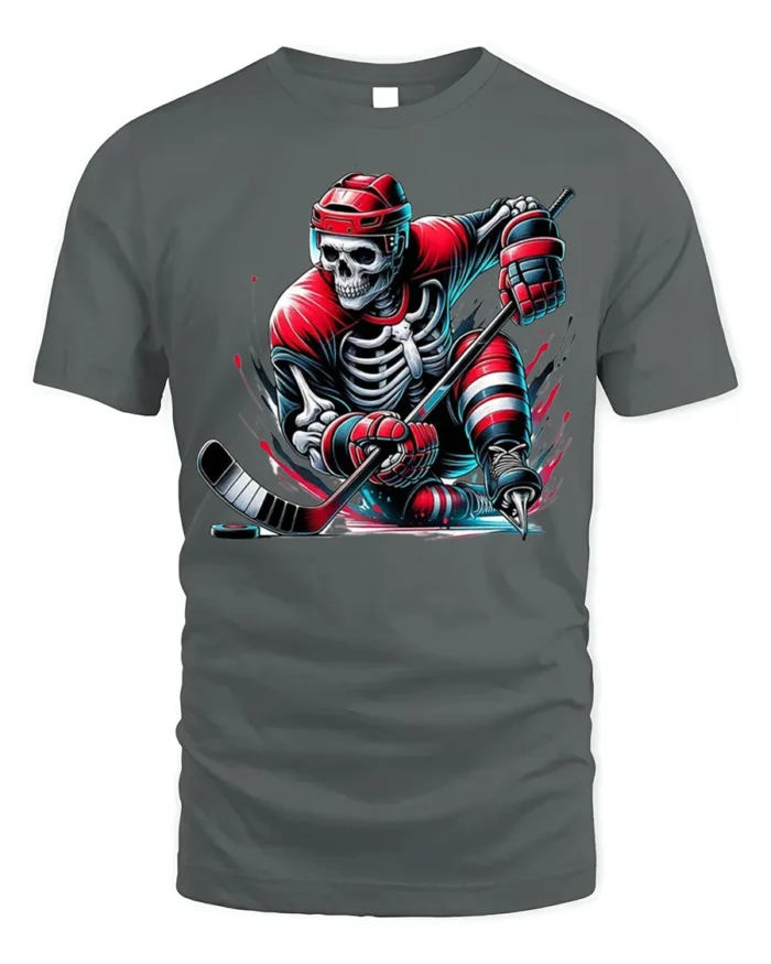Skeleton Hockey Player Red Uniform Graphic T-Shirt - gray t-shirt on white background