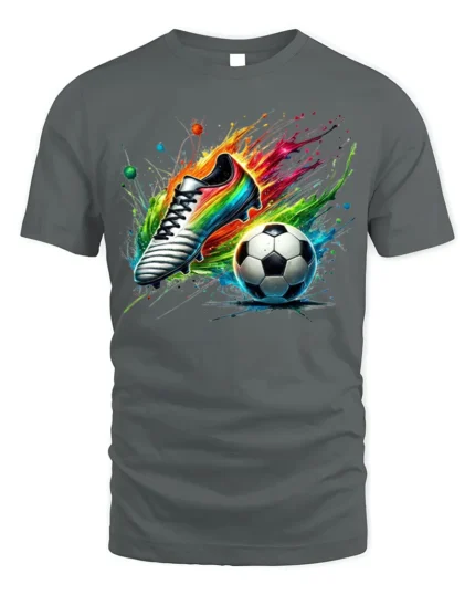 Colorful Soccer Shoe and Ball Splash Graphic T-Shirt - gray t-shirt on white background