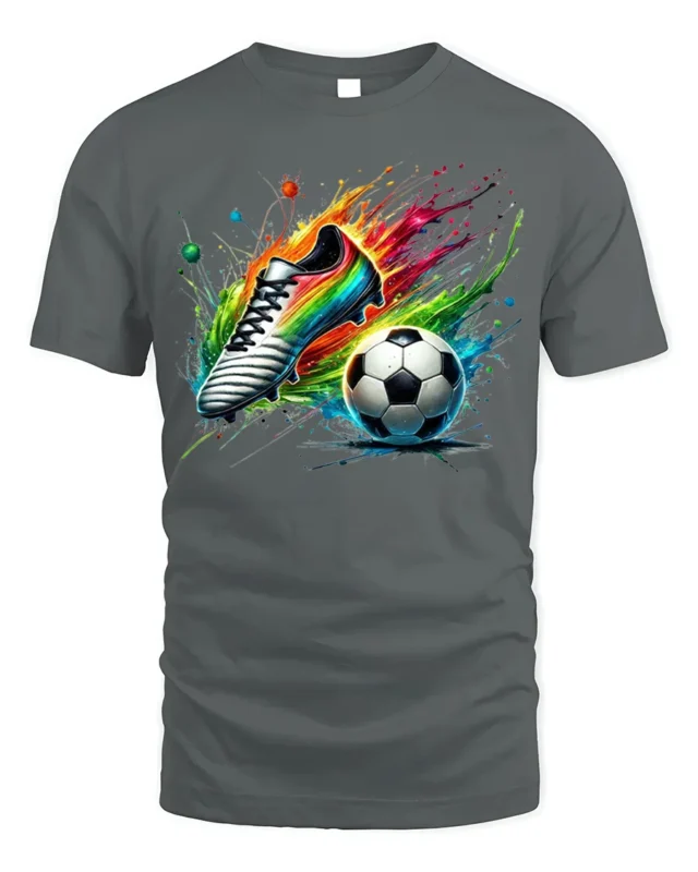 Colorful Soccer Shoe and Ball Splash Graphic T-Shirt - gray t-shirt on white background