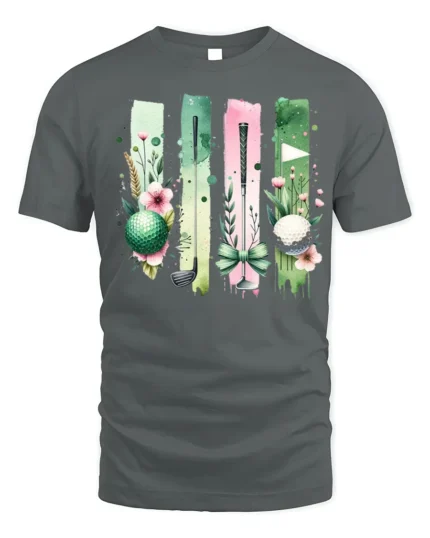 Floral Golf Ball and Club Art Graphic T-Shirt - gray t-shirt on white background