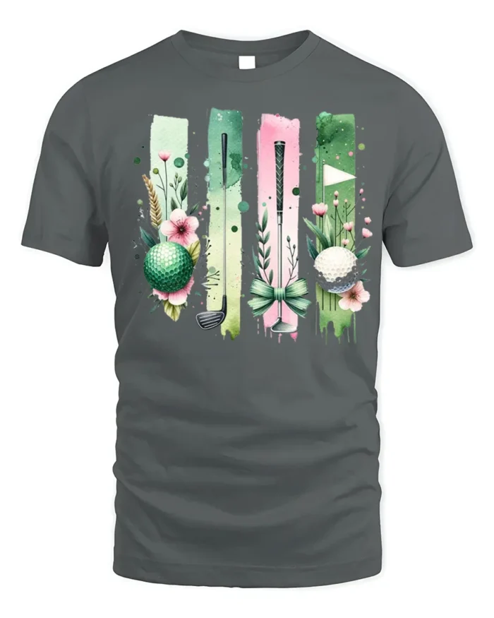 Floral Golf Ball and Club Art Graphic T-Shirt - gray t-shirt on white background