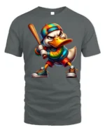 Cool Cartoon Duck Baseball Bat Graphic T-Shirt - gray t-shirt on white background