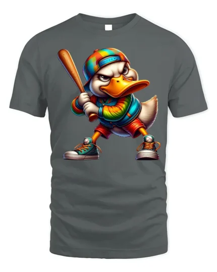 Cool Cartoon Duck Baseball Bat Graphic T-Shirt - gray t-shirt on white background