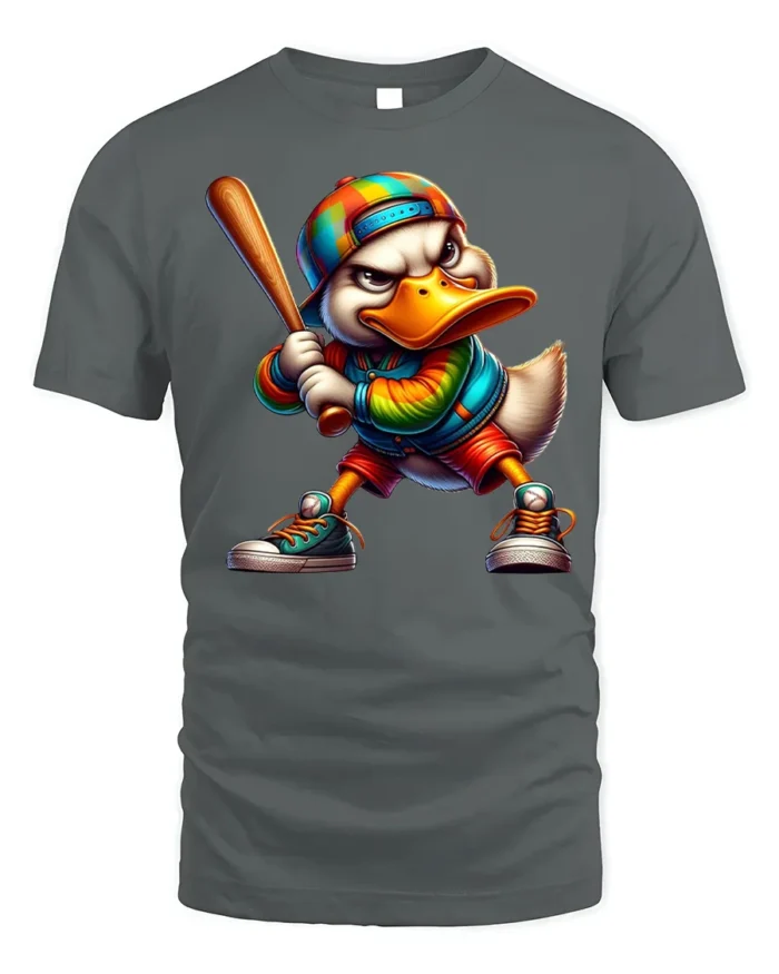 Cool Cartoon Duck Baseball Bat Graphic T-Shirt - gray t-shirt on white background