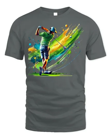 Colorful Golf Swing Splash Art Graphic T-Shirt - gray t-shirt on white background