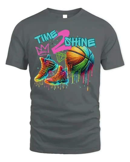 Colorful Basketball Shoes and Ball Graphic T-Shirt - gray t-shirt on white background