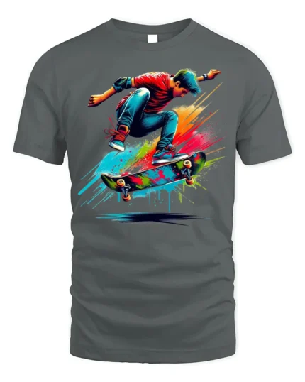 Colorful Skateboard Trick Splash Art Graphic T-Shirt - gray t-shirt on white background