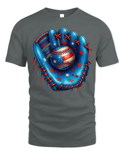 Patriotic Baseball Glove and Ball Graphic T-Shirt - gray t-shirt on white background
