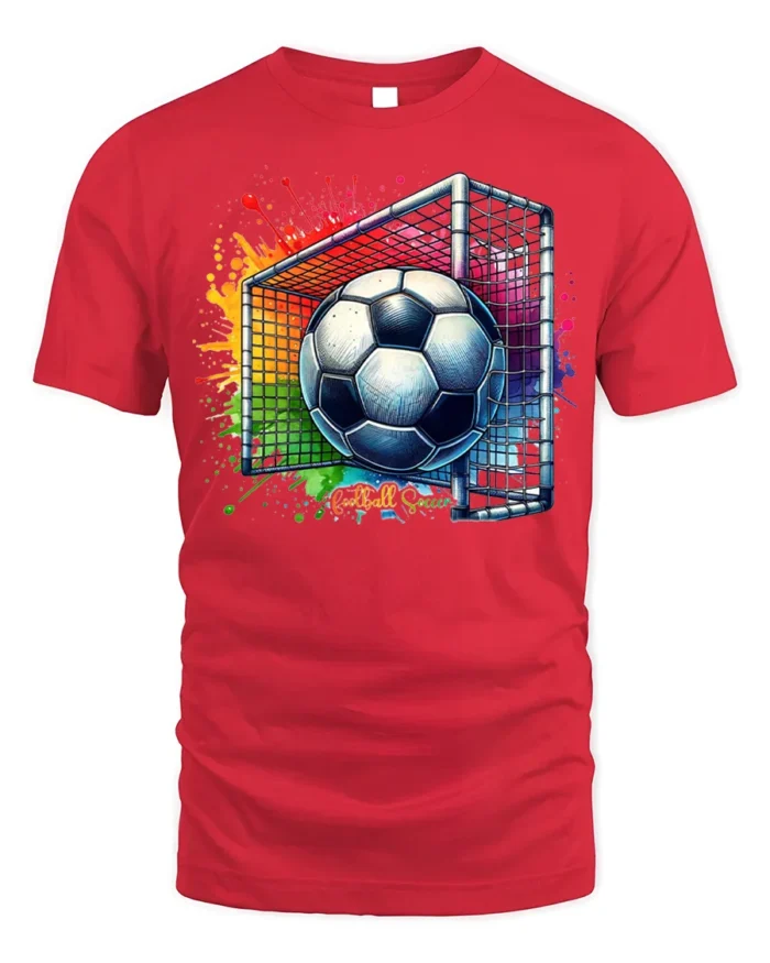Colorful Soccer Goal Graphic T-Shirt for Fans - red t-shirt on white background