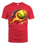 Flaming Softball Splash Art Sports Graphic T-Shirt - red t-shirt on white background