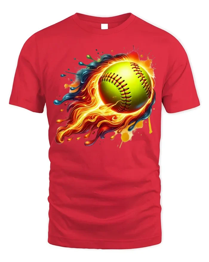 Flaming Softball Splash Art Sports Graphic T-Shirt - red t-shirt on white background