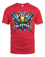 Funny Softball Pitch Slapped Graphic T-Shirt - red t-shirt on white background