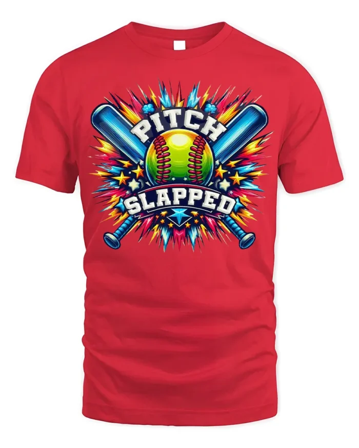 Funny Softball Pitch Slapped Graphic T-Shirt - red t-shirt on white background