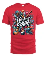 Colorful Hockey Mom Sports Graphic Print T-Shirt - red t-shirt on white background