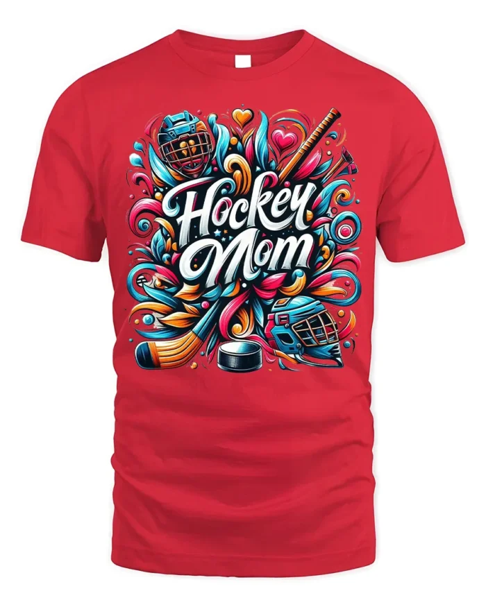 Colorful Hockey Mom Sports Graphic Print T-Shirt - red t-shirt on white background