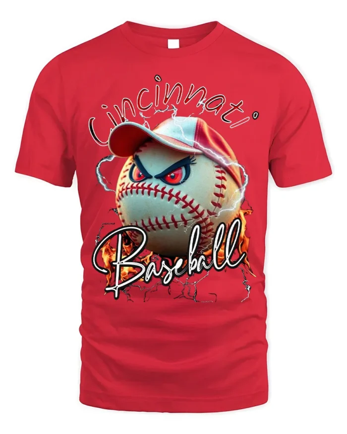 Cincinnati Baseball Angry Ball Graphic T-Shirt - red t-shirt on white background